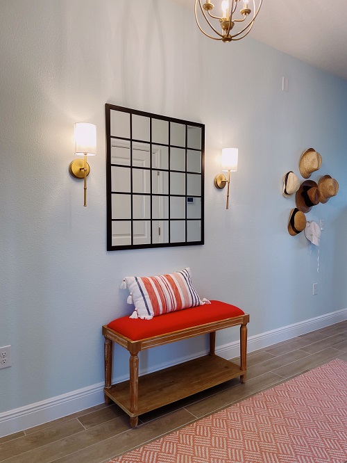 Coral entry bench, mirror and hat wall