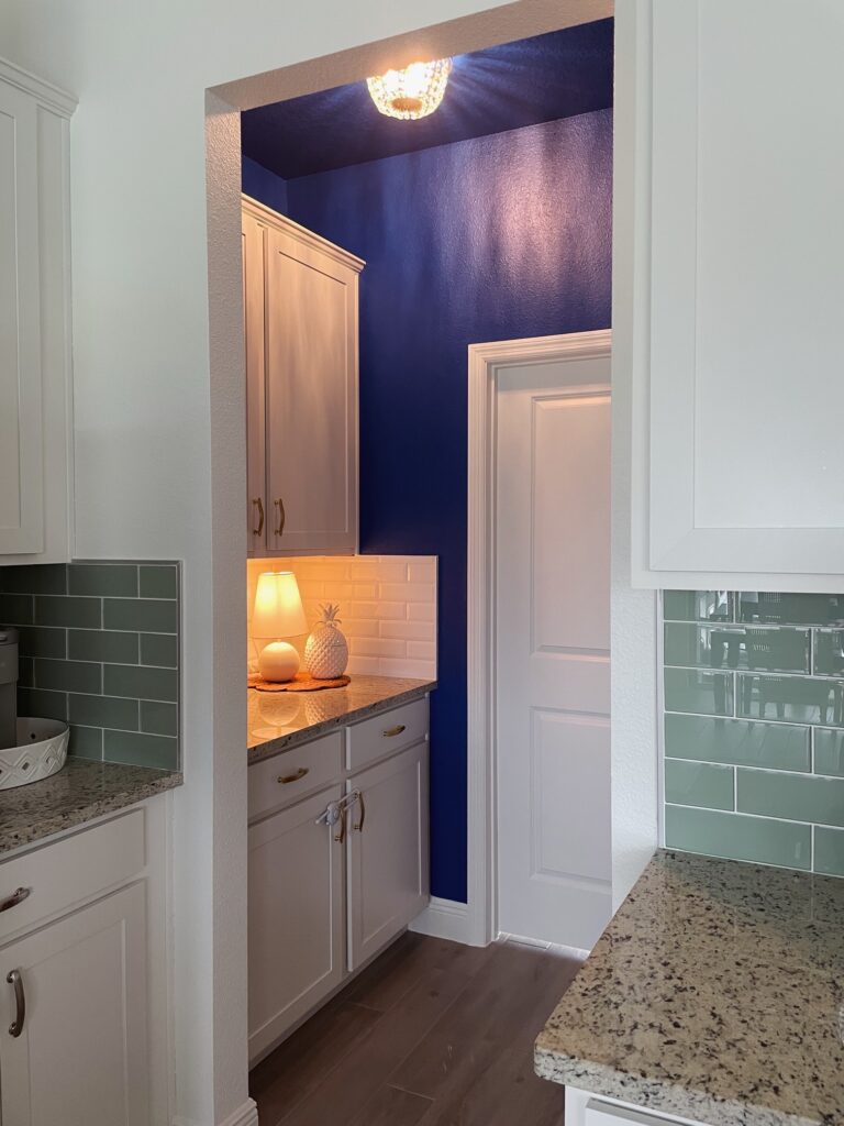 Wide shot of Blue and White Butler's Pantry