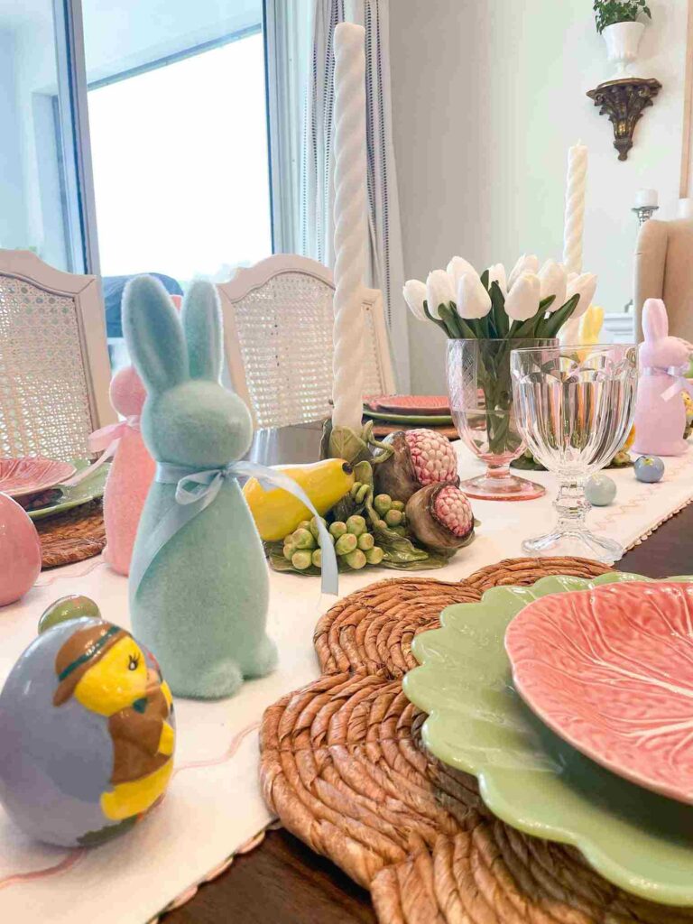 Table setting with blue felt bunny and taper candles